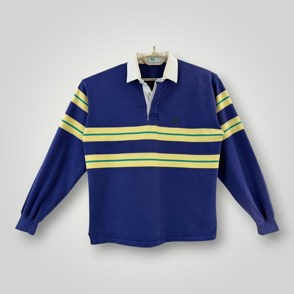 Vintage Izod Lacoste Rugby Polo Mens L Blue Stripe Made USA Cotton